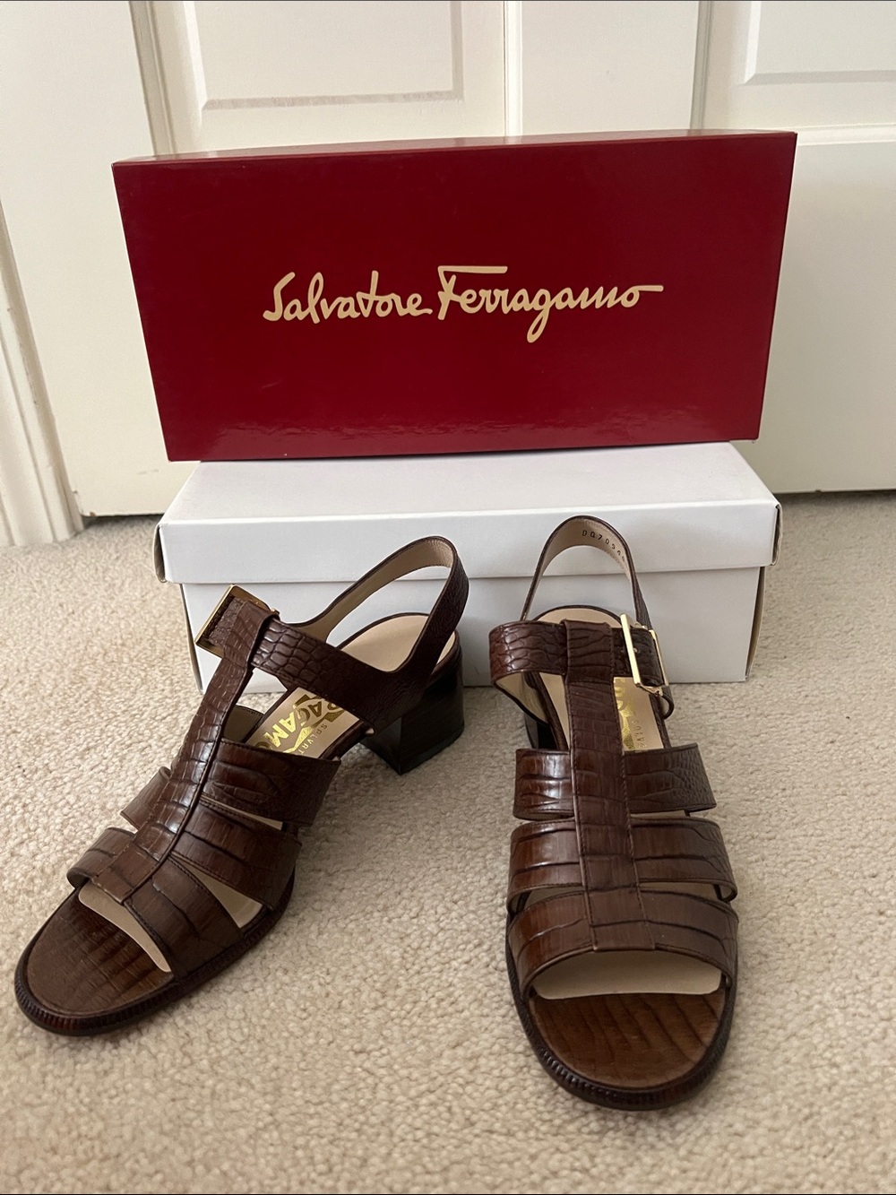 Salvatore Ferragamo Brown Croc-Embossed Leather Block-Heel Sandals